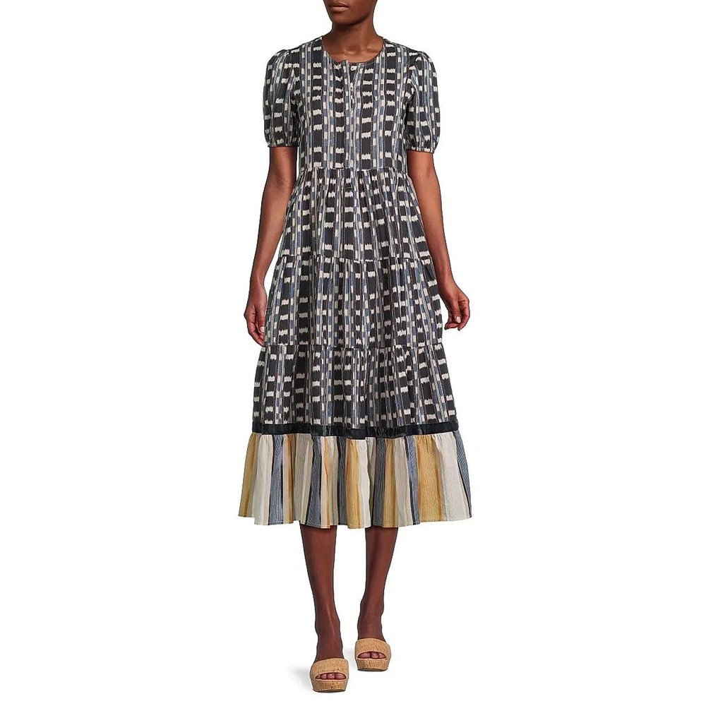 Ro's Garden Daphne Cotton Midi Dress Blue Ikat Print Tiered Puff Sleeve Size M